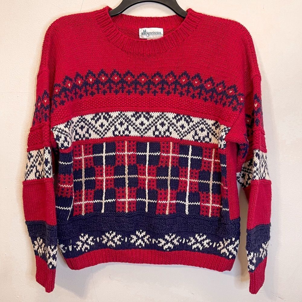 Vintage Sportables Knit Red, White, & Blue Patterned Sweater